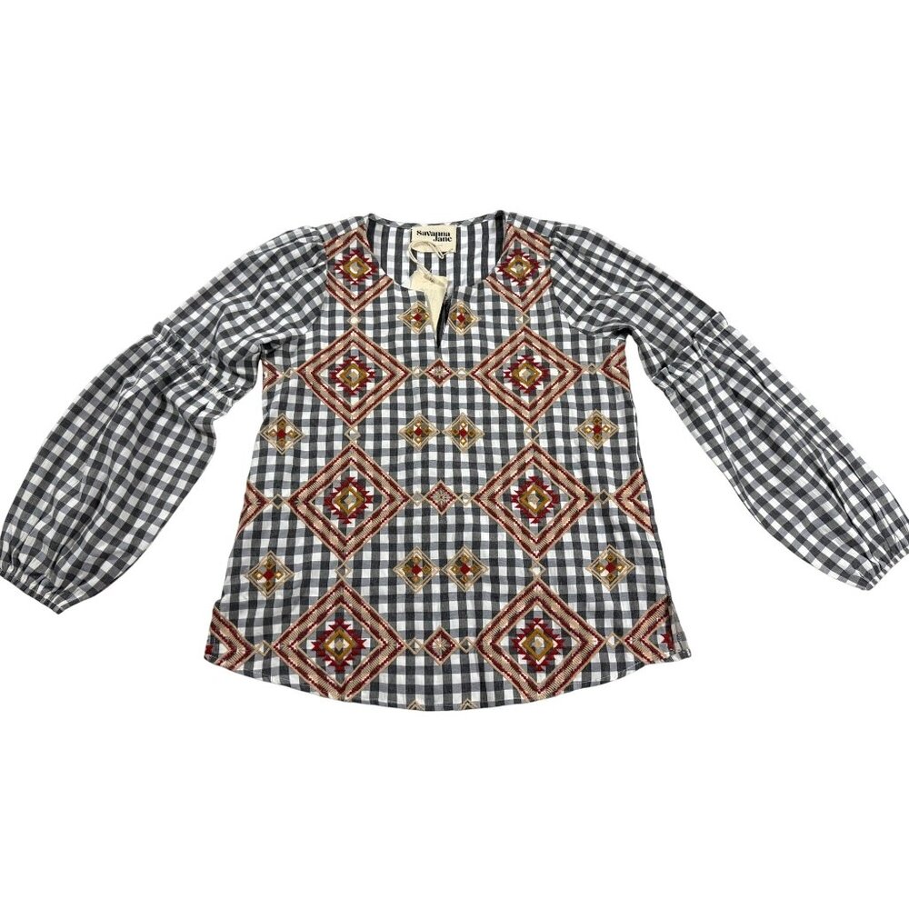 Savanna Jane Embroidered Gingham Blouse S NWT Boho Western Aztec Soft Geometric